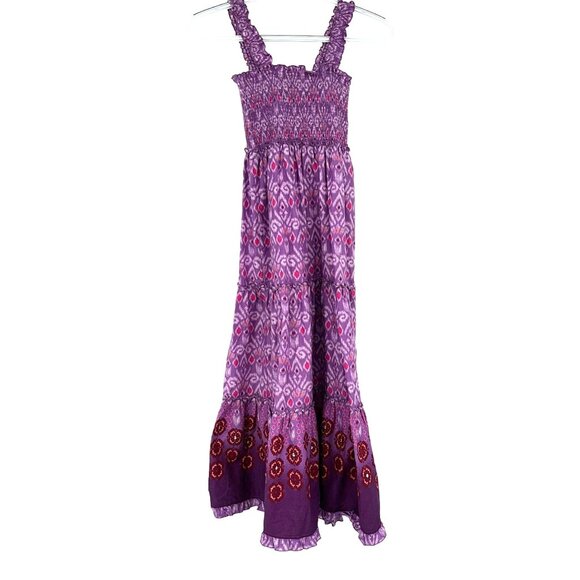 Mudd Dresses & Skirts - Mudd Smocked Boho Tiered Maxi Sundress Ikat Floral Ruffle Trim Lavender Pink